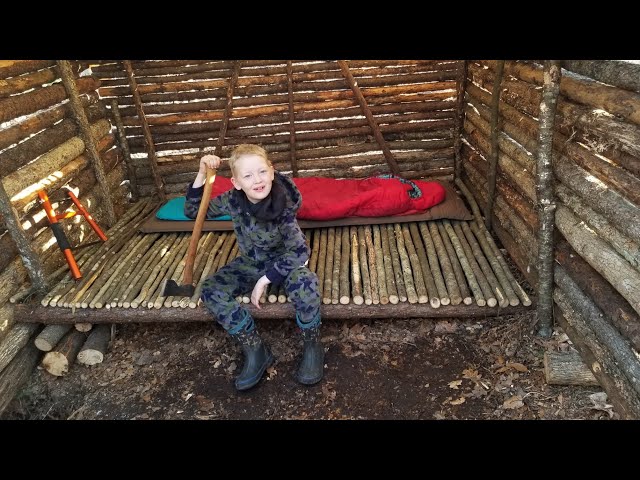 Bushcraft Log Cabin Build - 8 Days Winter Camping & Cooking in Primitive Shelter