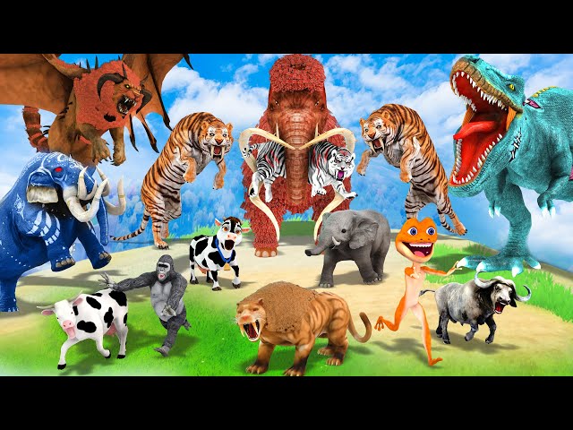 Mammoth Elephant Cow vs Giant Lion vs Zombie Dinosaur Attack Cow Cartoon Baby Elephant Gorilla