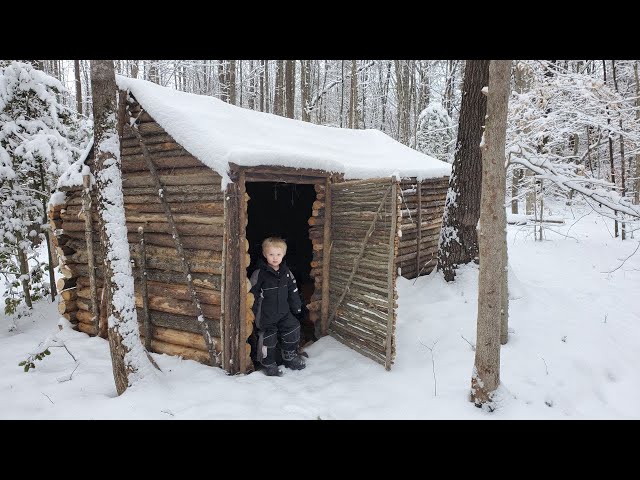 Building Log Cabin By Hand - 9 Days Winter Camping with 3 yr Old in Bushcraft Primitive Shelter