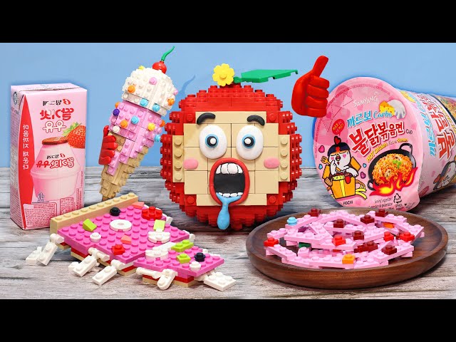 Pink Food Mukbang Challenge IRL  || Lego Stop Motion ASMR Animation